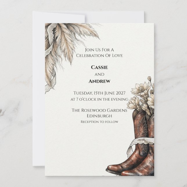 Convite de Casamento Pampas Bota de Cowboy Western (Frente)