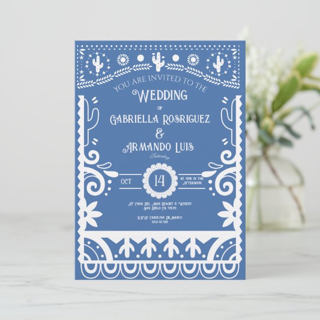 Convite de Casamento Papel Picado Azul Claro e Bra (Em pé/Frente)