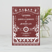 Convite de Casamento Papel Picado Borgonha e Branc