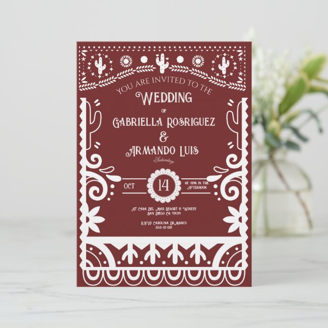 Convite de Casamento Papel Picado Borgonha e Branc (Em pé/Frente)