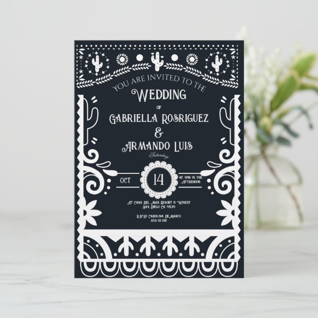 Convite de Casamento Papel Picado Preto e Branco (Em pé/Frente)
