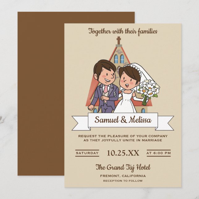 Convite de Casamento para Casal de Noivos Fofos (Frente/Verso)