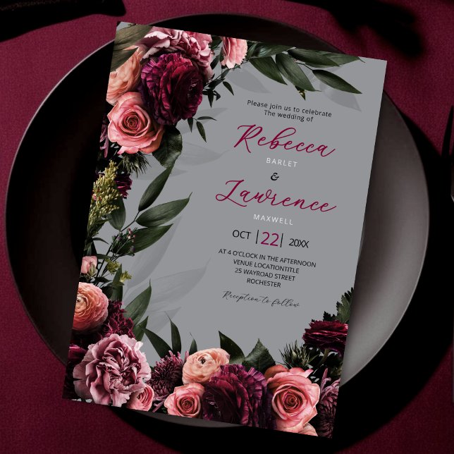 convite de casamento para cinzas florais elegantes (Criador carregado)