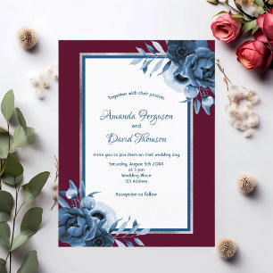 Convite de casamento para florais prateados azuis
