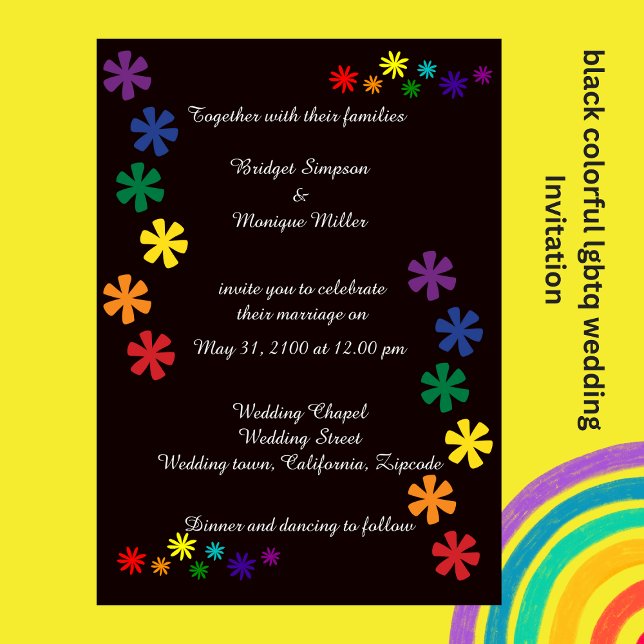 convite de casamento para flores elegantes negras  (black colorful lgbtq  wedding Invitation by wedding Hobinishop)
