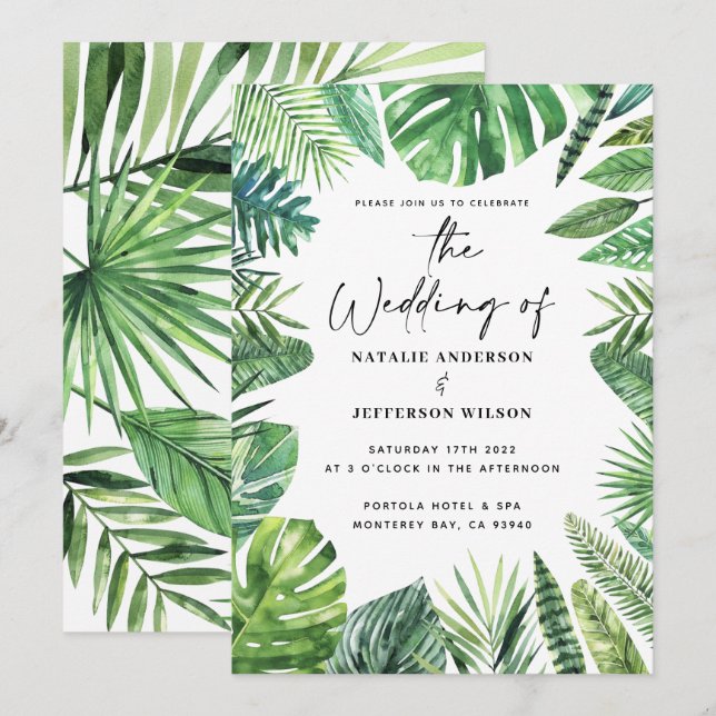 Convite de casamento para folhagem de folha de pal (Frente/Verso)
