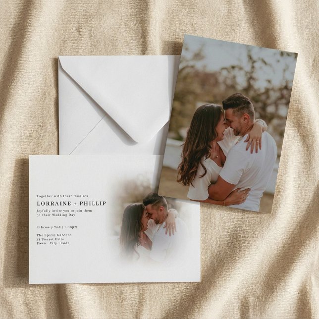 Convite de casamento para gradiente de foto românt (Romantic color photo gradient wedding invitation.)