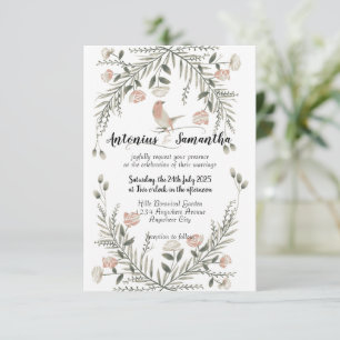 Convite de casamento para ilustração de aves e flo