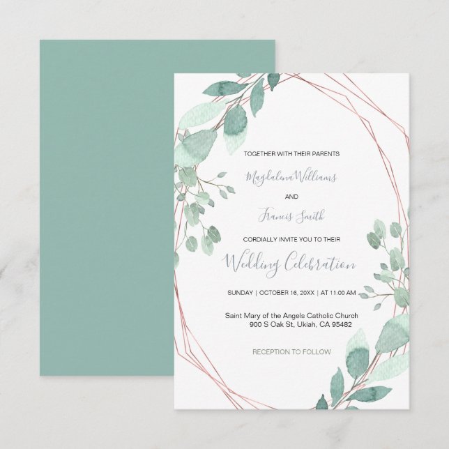 convite de casamento para imagens geométricas verd (Frente/Verso)