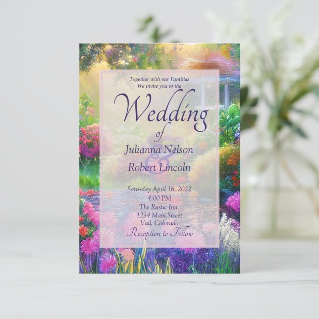 Convite de casamento para jardim floral ao pôr do  (Em pé/Frente)