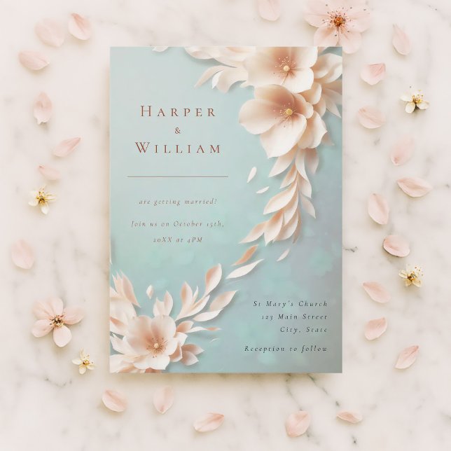 convite de casamento para o marfim floral (Romantic spring wedding invitation with blush florals on pastel—perfect for elegant couples.)