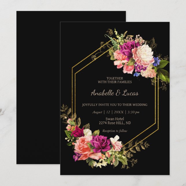 Convite de casamento para o quadro de ouros florai (Frente/Verso)