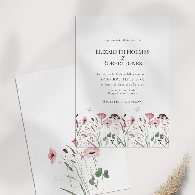 Convite de Casamento para Prado de Flores Silvestr (Pink Poppy Meadow Wedding Invitation on a table)