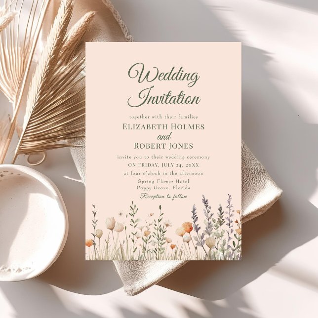 Convite de Casamento para Prado de Flores Silvestr (Peach Wildflower Meadow Wedding Invitation on a neutral boho table with dry flowers.)