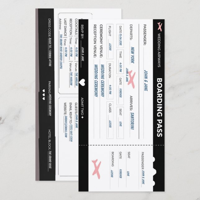 Convite de Casamento Passagem Aérea Personalizável (Frente/Verso)