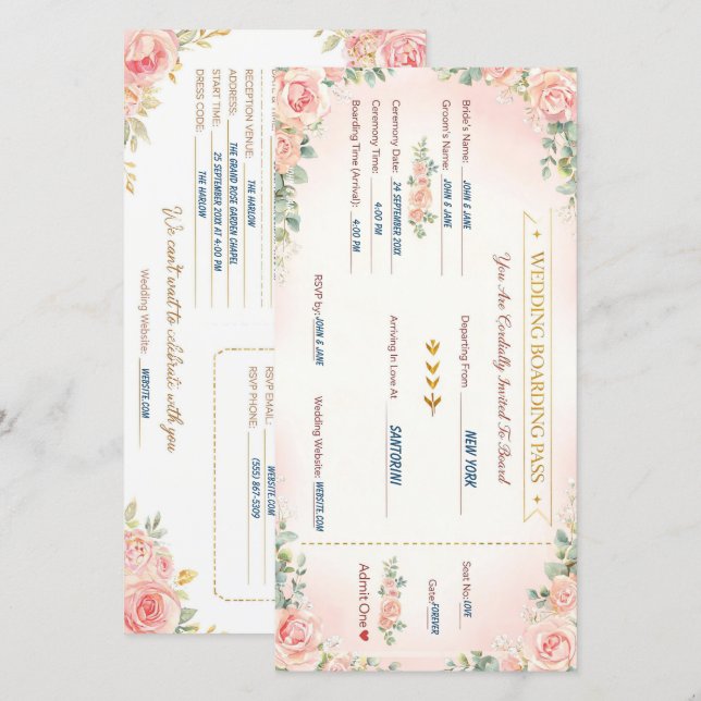 Convite de Casamento Passagem de Embarque Romântic (Frente/Verso)