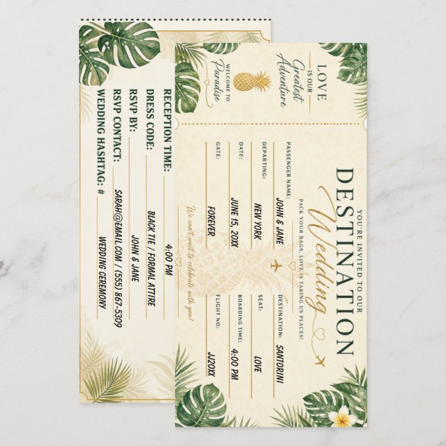 Convite de Casamento Passagem de Embarque Tropical (Frente/Verso)
