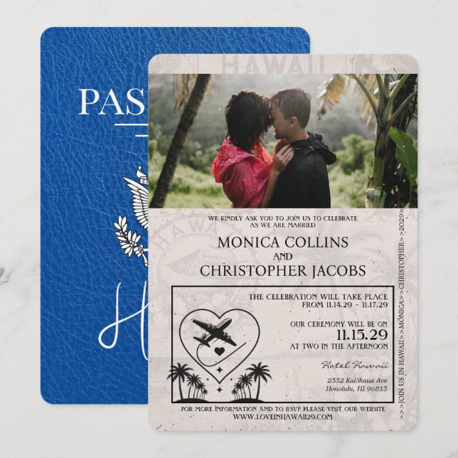 Convite de Casamento Passaporte do Havaí Azul Real (Frente/Verso)