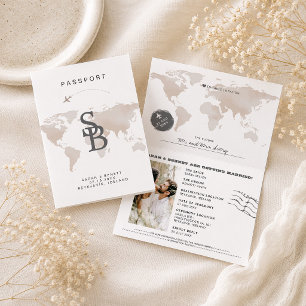 Convite de casamento Passaporte Mapa Mundial Bege