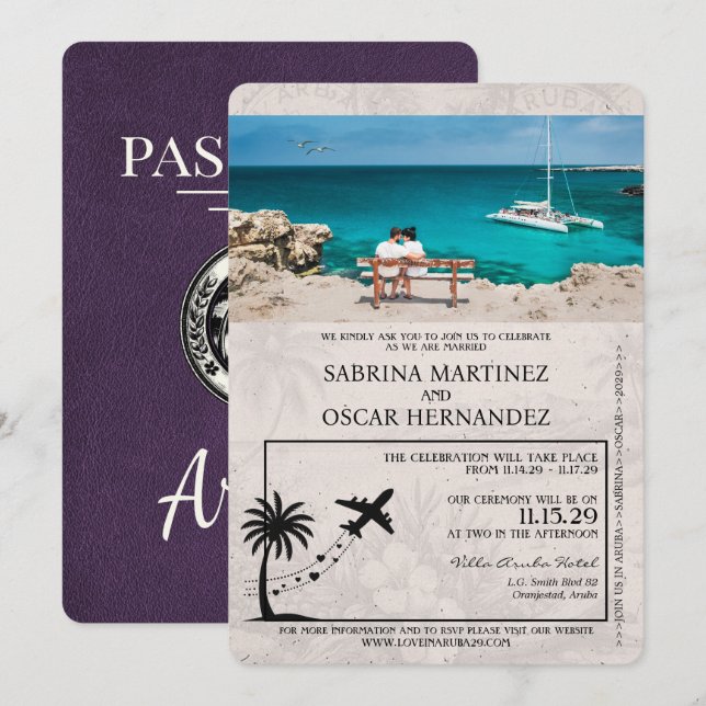 Convite de Casamento Passaporte Roxo Violeta de Ar (Frente/Verso)