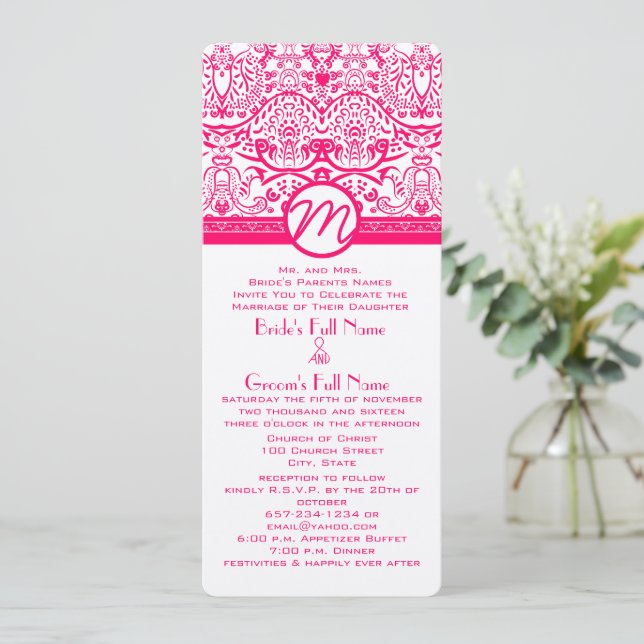 Convite de Casamento Pássaro de Amor Rosa Brilhant (Em pé/Frente)