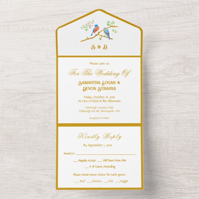 Convite de Casamento Pássaros Azuis Tudo em Um (Interno)