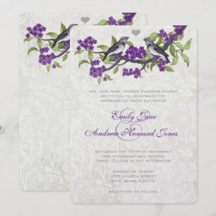 Convite de Casamento Pássaros do Amor Roxo e Cinza