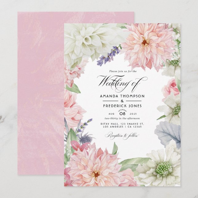 Convite De Casamento Pastel Blush Pink Dahlia (Frente/Verso)