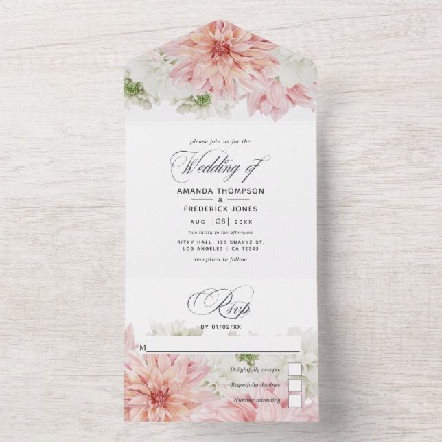 Convite de Casamento Pastel Blush Pink Dahlia Tudo (Interno)