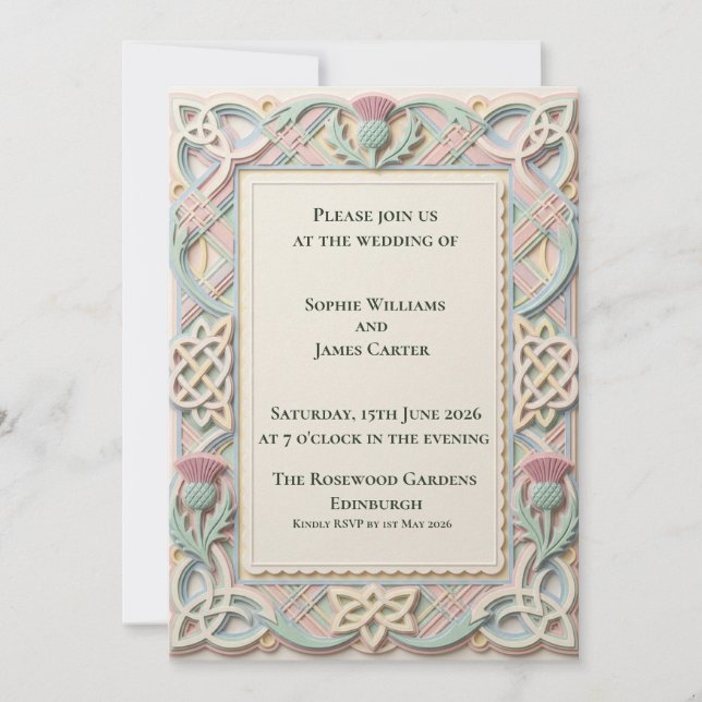 Convite de Casamento Pastel Celtic Thistle (Frente)
