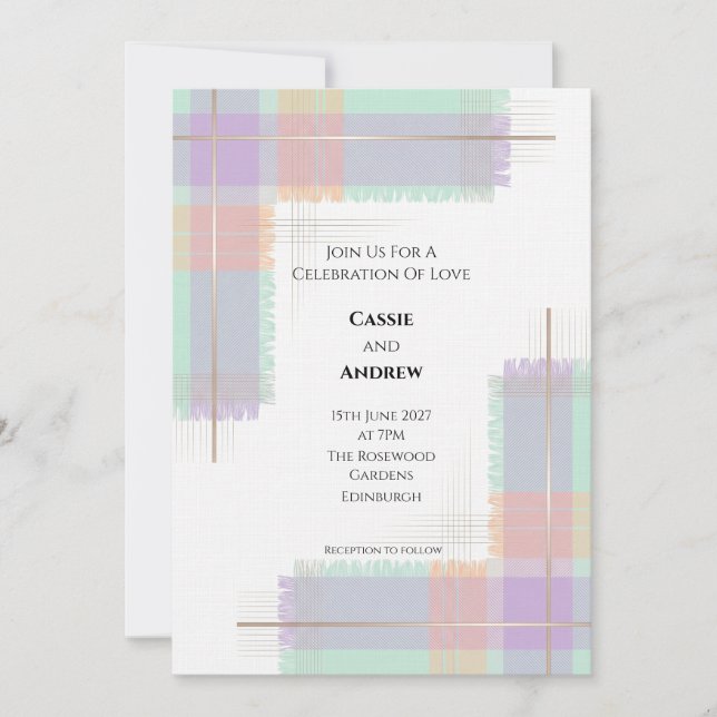 Convite de Casamento Pastel com Tartan Escocês (Frente)