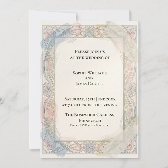 Convite de Casamento Pastel Floral Nouveau (Frente)