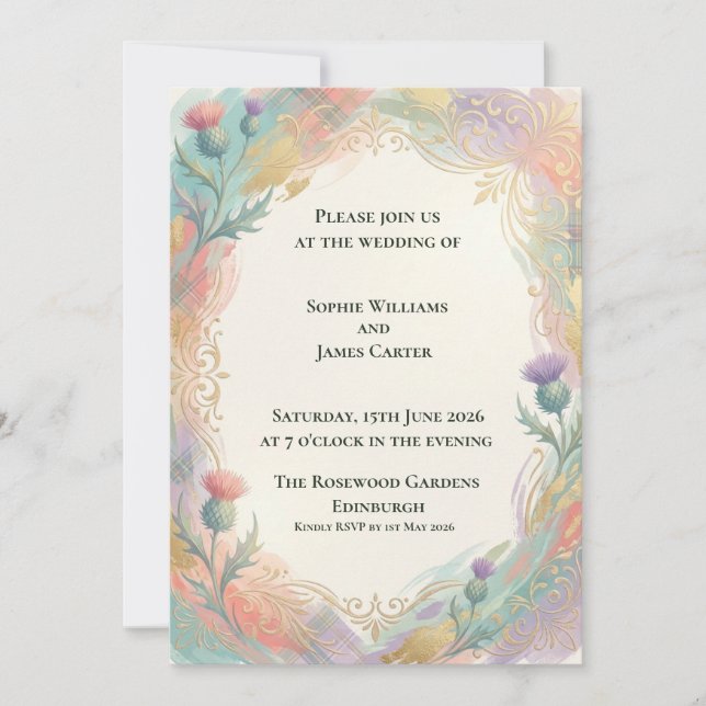 Convite de Casamento Pastel Gold Thistle (Frente)
