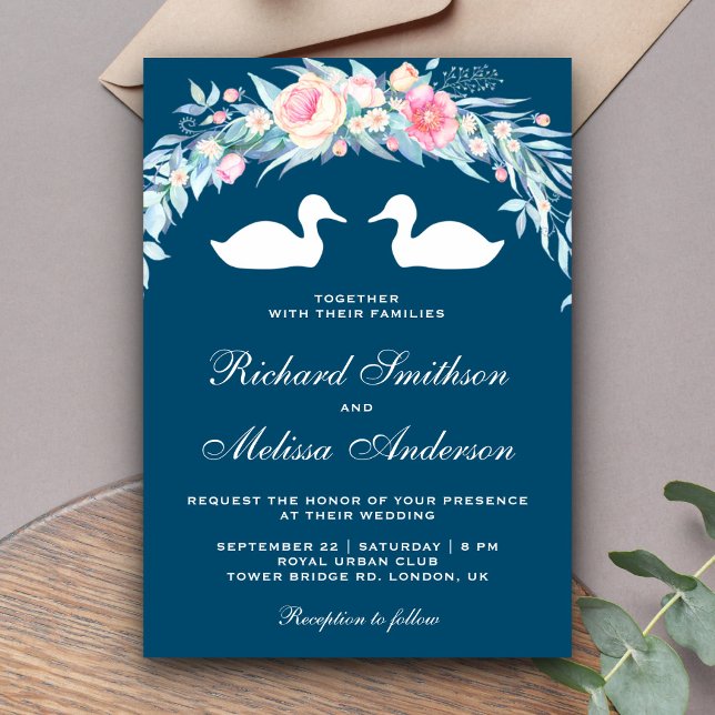 Convite de Casamento Patos Floral Romântico Elegan (Criador carregado)