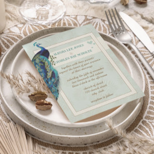 Convite de Casamento Pavão Azul Água e Marrom