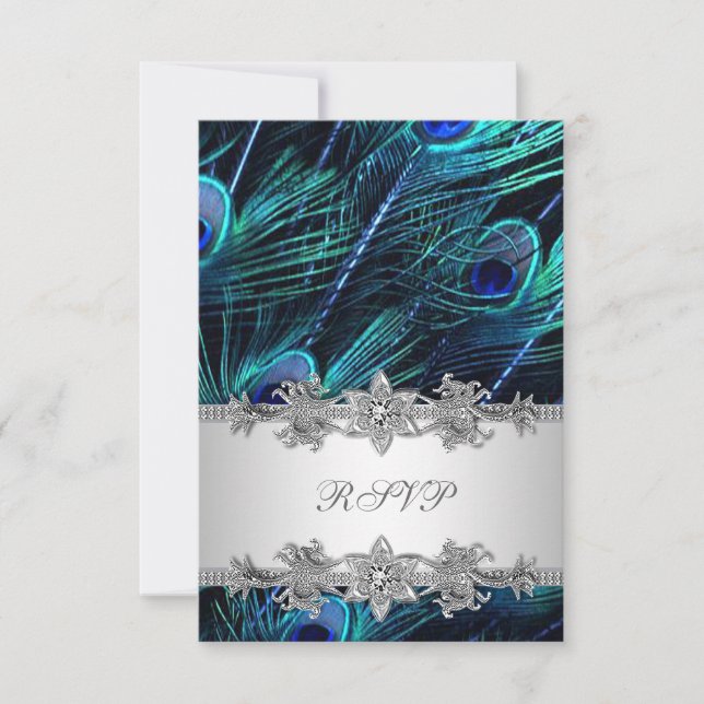 Convite de Casamento Pavão Azul Real Prata RSVP (Frente)