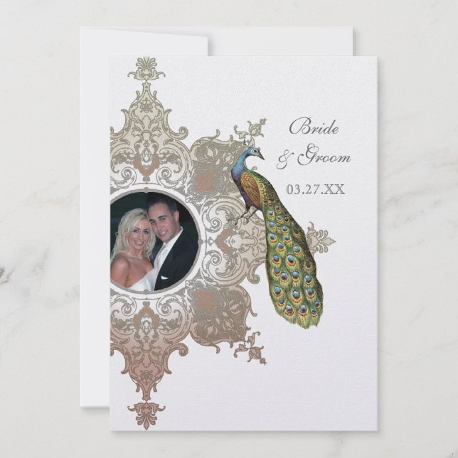 Convite de Casamento Pavão Barroco - Marrom Mocha (Frente)