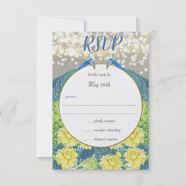 Convite de Casamento Pavão de Cinza Amarela Azul R (Frente)