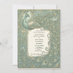 Convite de Casamento Pavão Elegante Arte Nova