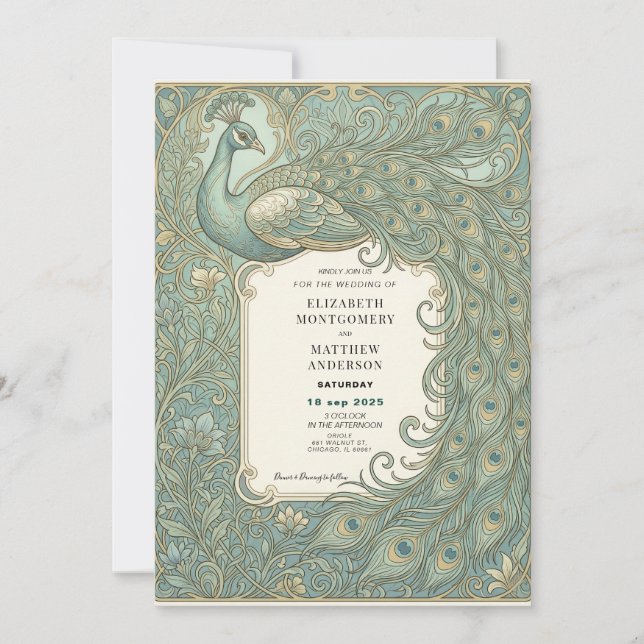 Convite de Casamento Pavão Elegante Arte Nova (Frente)