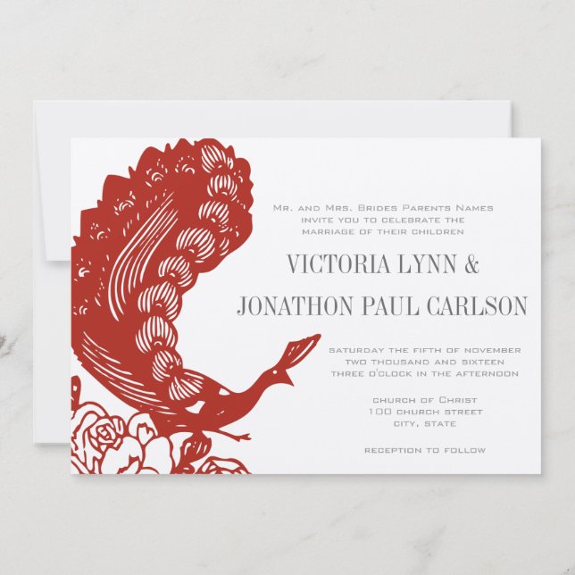 Convite de Casamento Pavão Moderno Vintage Vermelh (Verso)