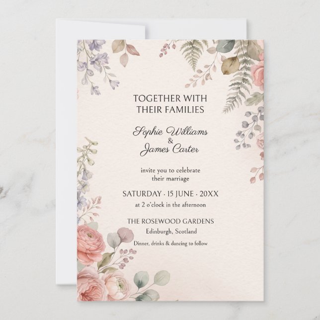 Convite de Casamento Peach Lavender Fern (Frente)