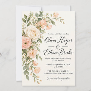 Convite de Casamento Peach Poppy Ivory Rose
