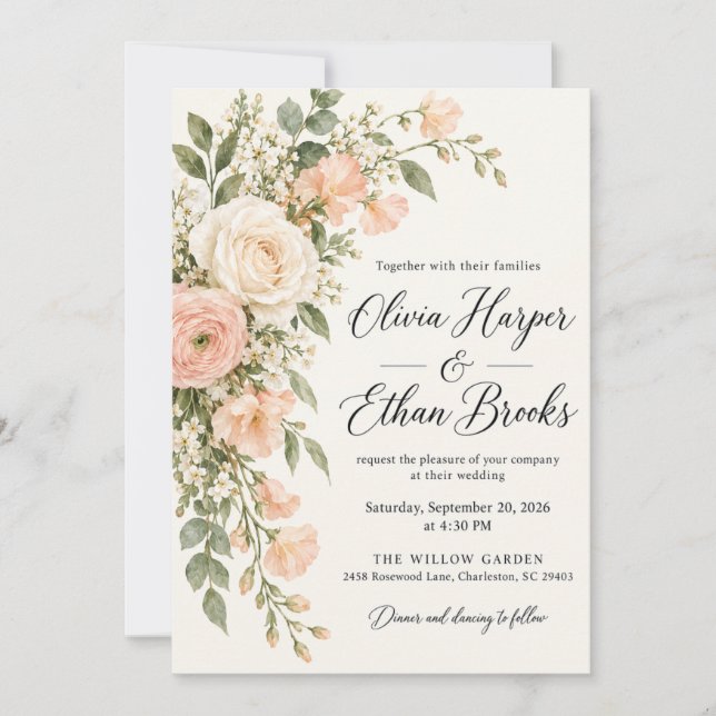Convite de Casamento Peach Poppy Ivory Rose (Frente)