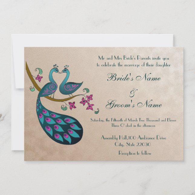 Convite de Casamento Peacock, mauve (Frente)
