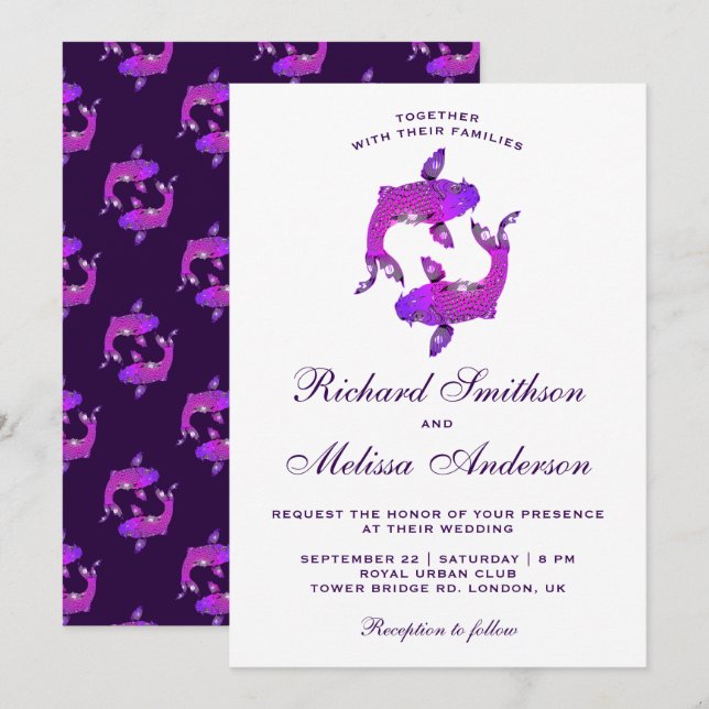 Convite de Casamento Peixe Koi Roxo Elegante (Frente/Verso)