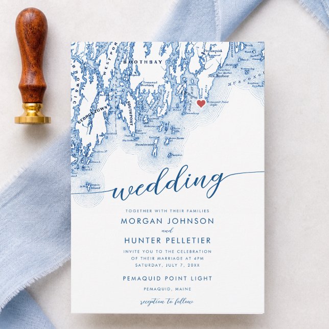 Convite de Casamento Pemaquid Point Light Maine Ma (Pemaquid Point Light Wedding Invitation Navy Blue Maine Map by Coastal Map Designs)