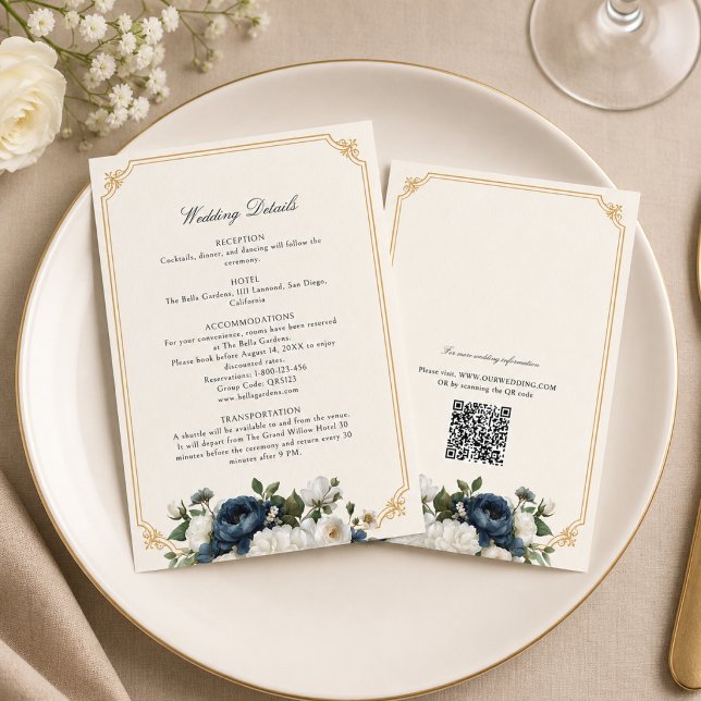Convite de Casamento Peônia Azul Real com Moldura  (Navy Blue & White Floral Wedding details)