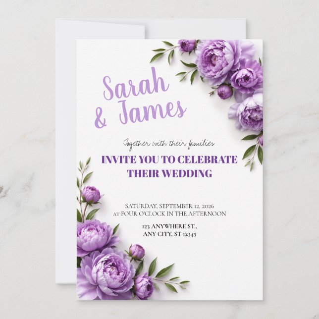 Convite de Casamento Peônia Lavanda (Frente)