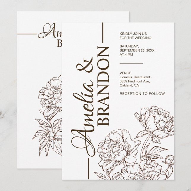 Convite de Casamento Peônia Minimalista Luxo (Frente/Verso)